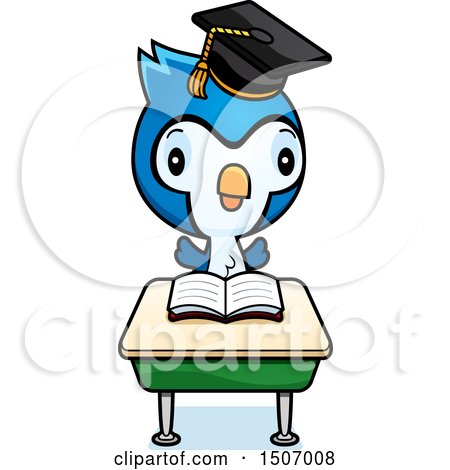 Clipart of a Graduate Student Blue Jay Reading at a School Desk - Royalty Free Vector Illustration by Cory Thoman