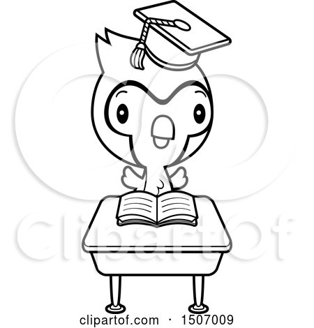 Clipart of a Black and White Graduate Student Blue Jay Reading at a School Desk - Royalty Free Vector Illustration by Cory Thoman