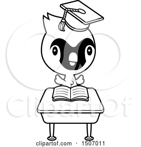 Clipart of a Black and White Graduate Student Cardinal Bird Reading at a School Desk - Royalty Free Vector Illustration by Cory Thoman