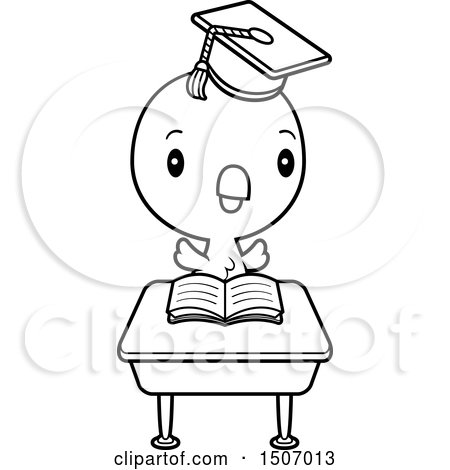 Clipart of a Black and White Graduate Student Chick Reading at a School Desk - Royalty Free Vector Illustration by Cory Thoman