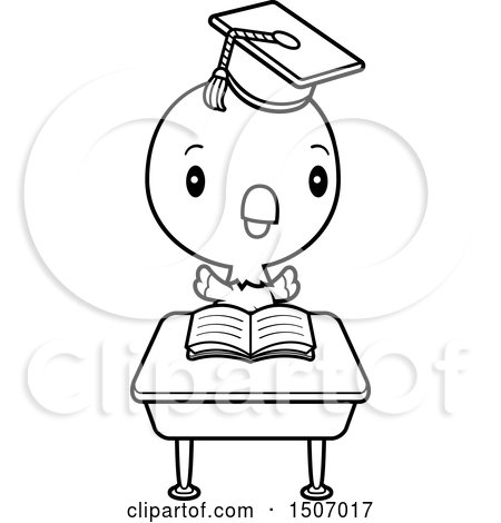 Clipart of a Black and White Graduate Student Parrot Reading at a School Desk - Royalty Free Vector Illustration by Cory Thoman