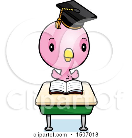 Clipart of a Graduate Student Pink Bird Reading at a School Desk - Royalty Free Vector Illustration by Cory Thoman