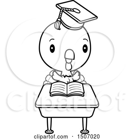 Clipart of a Black and White Graduate Student Turkey Reading at a School Desk - Royalty Free Vector Illustration by Cory Thoman