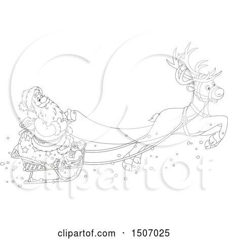 Clipart of a Black and White Single Reindeer Flying Santa in a Sleigh - Royalty Free Vector Illustration by Alex Bannykh
