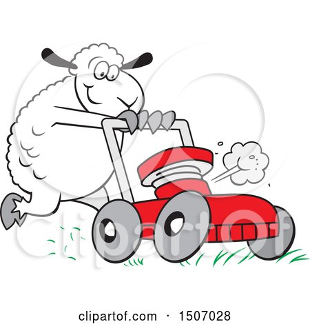 Clipart of a Sheep Pushing a Lawn Mower - Royalty Free Vector Illustration by Johnny Sajem