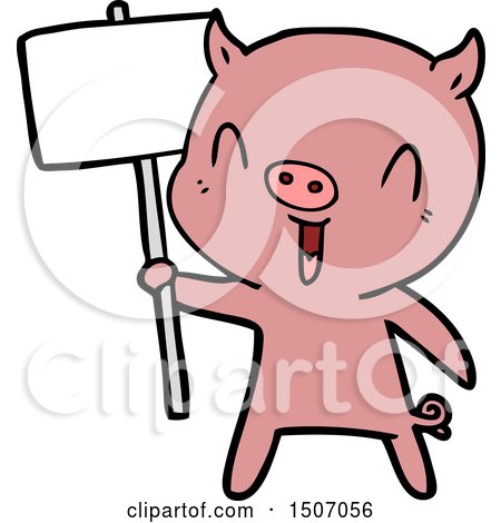 Happy Animal Clipart Cartoon Pig with Sign Post by lineartestpilot