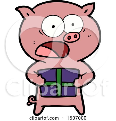 Animal Clipart Cartoon Pig with Christmas Present by lineartestpilot