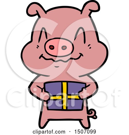 Nervous Animal Clipart Cartoon Pig with Present by lineartestpilot