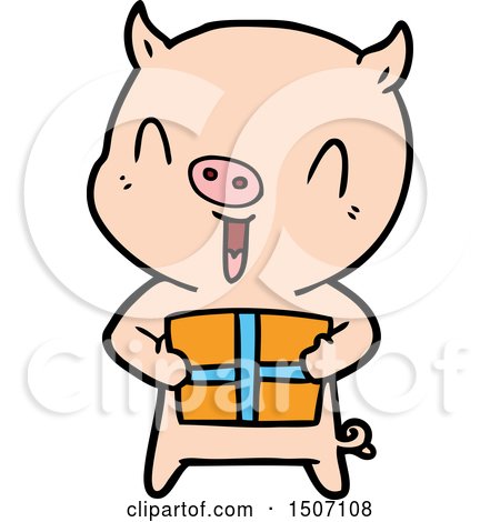 Happy Animal Clipart Cartoon Pig with Xmas Present by lineartestpilot