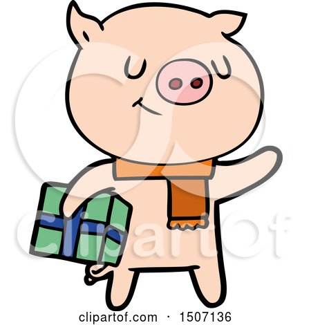 Happy Animal Clipart Cartoon Pig with Christmas Present by lineartestpilot