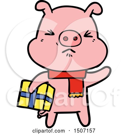 Animal Clipart Cartoon Angry Pig with Christmas Present by lineartestpilot