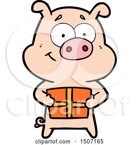 Happy Animal Clipart Cartoon Pig Holding Christmas Present by lineartestpilot
