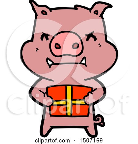 Angry Animal Clipart Cartoon Pig with Christmas Gift by lineartestpilot