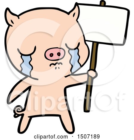 Animal Clipart Cartoon Crying Pig with Sign Post by lineartestpilot