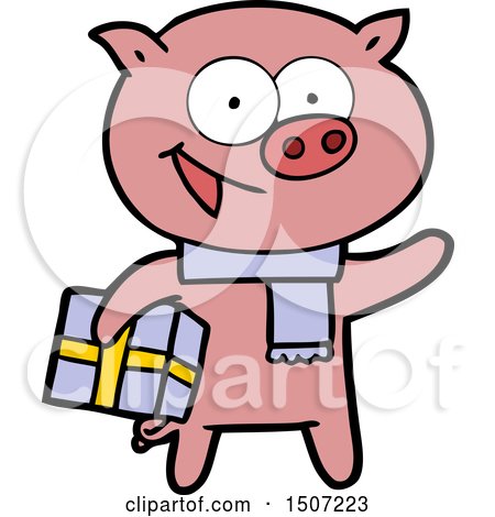 Cheerful Pig with Christmas Gift by lineartestpilot