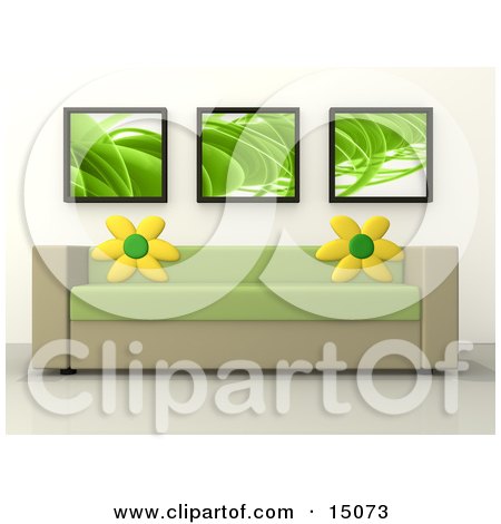 Green And Tan Couch With Sunflower Throw Pillows Under Three Green Futurist Framed Prints In A Modern Living Room Or Lobby In An Office Clipart Graphic by 3poD