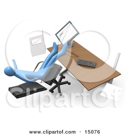 Clumsy Blue Business Person Falling Backwards After Leaning Too Far Back In A Chair At His Computer Desk While Comparing Graphs On A Printout And On The Computer Clipart Graphic by 3poD