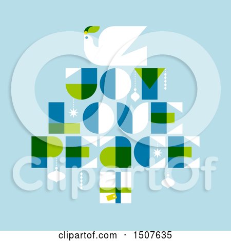 Clipart of a Christmas Tree Formed of a Dove, Gift and Joy Love Peace Text on Blue - Royalty Free Vector Illustration by elena