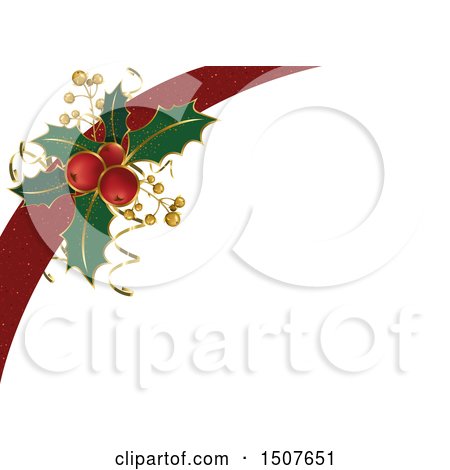 Clipart of a Christmas Background with a Red Ribbon and Sprig of Holly - Royalty Free Vector Illustration by dero