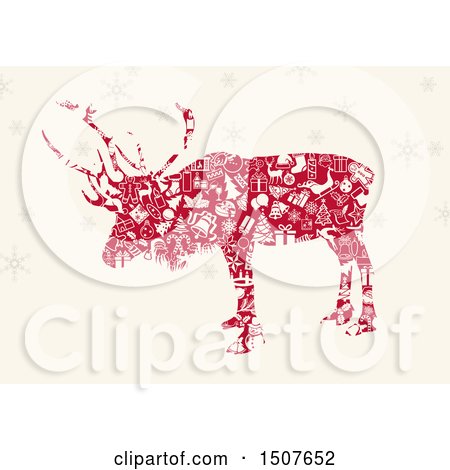 Clipart of a Silhouetted Christmas Reindeer Made of Red and White Icons on Beige with Snowflakes - Royalty Free Vector Illustration by dero