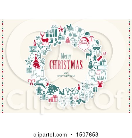 Clipart of a Merry Christmas and Happy New Year Greeting in an Icon Wreath - Royalty Free Vector Illustration by dero