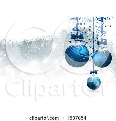 Clipart of a Christmas Background with 3d Suspended Blue Baubles over Snow - Royalty Free Vector Illustration by dero