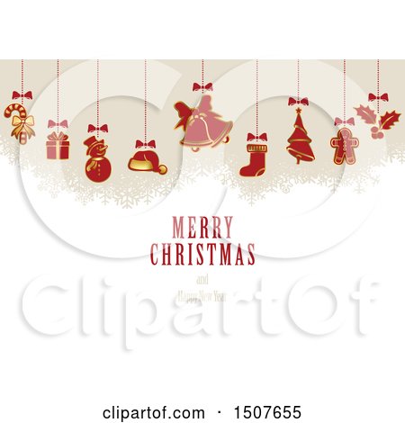 Clipart of a Merry Christmas and Happy New Year Greeting with Suspended Ornaments - Royalty Free Vector Illustration by dero