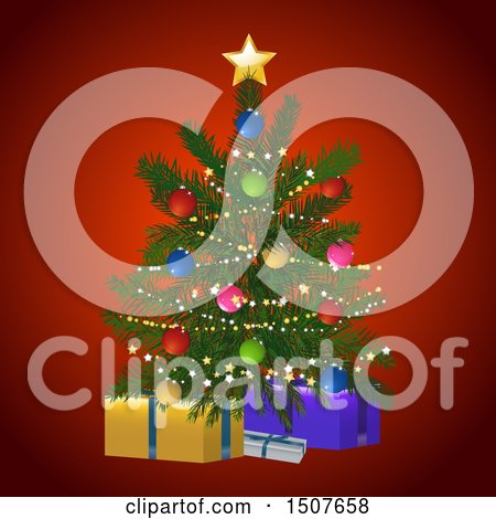 Clipart of a Christmas Tree with Presents over Red - Royalty Free Vector Illustration by elaineitalia
