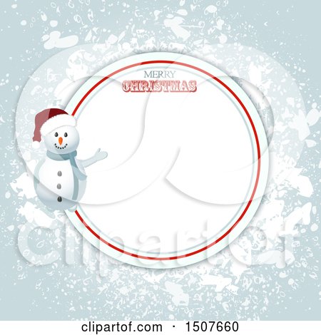 Clipart of a Snowman Presenting a Merry Christmas Frame over Snow - Royalty Free Vector Illustration by elaineitalia