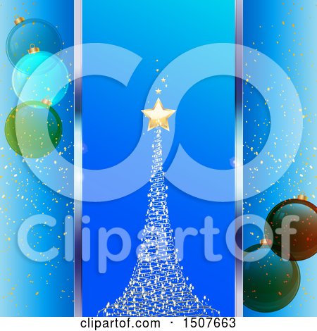 Clipart of a Blue Christmas Background with a Magical Tree and Bauble Ornaments - Royalty Free Vector Illustration by elaineitalia