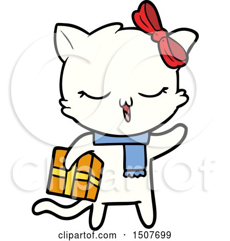 Cartoon Girl Cat with Christmas Present by lineartestpilot