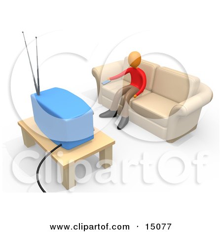 Boy Sitting On A Tan Couch And Holding A Remote Control Out To Change The Channel On His Tv In A Living Room Clipart Graphic by 3poD