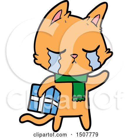 Crying Cartoon Cat Holding Christmas Present by lineartestpilot