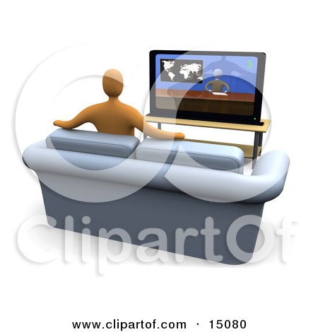 Orange Figure Sitting On A Loveseat Sofa In A Living Room And Watching The News Channel On Television While Resting His Arms On The Back Of The Couch Clipart Graphic by 3poD
