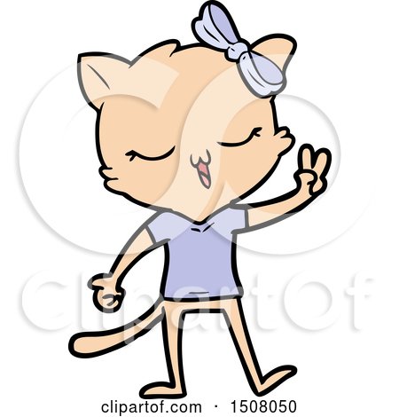 Cartoon Cat with Bow on Head Giving Peace Sign by lineartestpilot