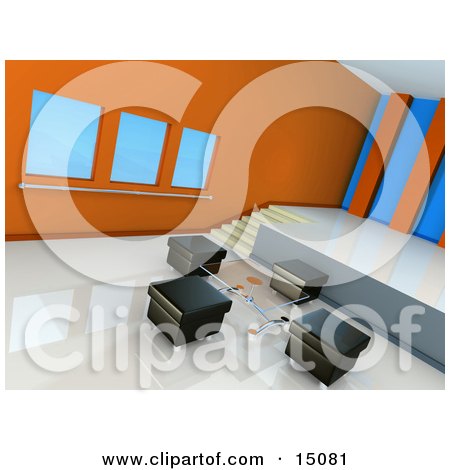Glass Table And Four Square Black Leather Seats In A Modern Conference Room Or Office Lobby With White Waxed Floors Clipart Graphic by 3poD