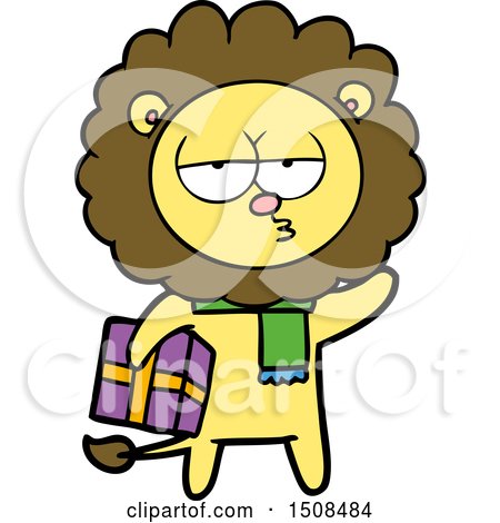 Cartoon Tired Lion with Gift by lineartestpilot