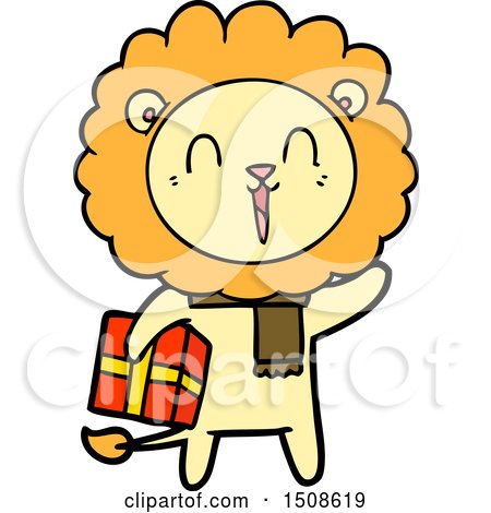 Laughing Lion Cartoon with Christmas Present by lineartestpilot