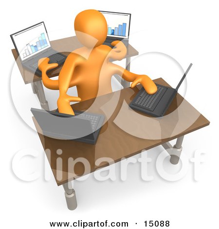 Orange Employee Multitasking While Operating Four Laptop Computers At Two Different Desks In An Office Clipart Graphic by 3poD