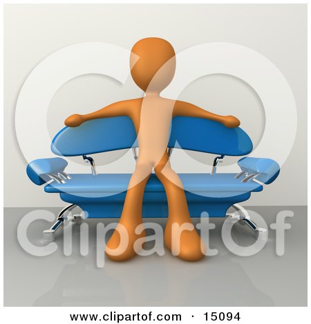 Orange Male Figure Sitting With His Arms Out On The Back Of A Modern Blue Sofa With Chrome Supports In A Living Room Or Waiting In An Office Lobby Clipart Graphic by 3poD