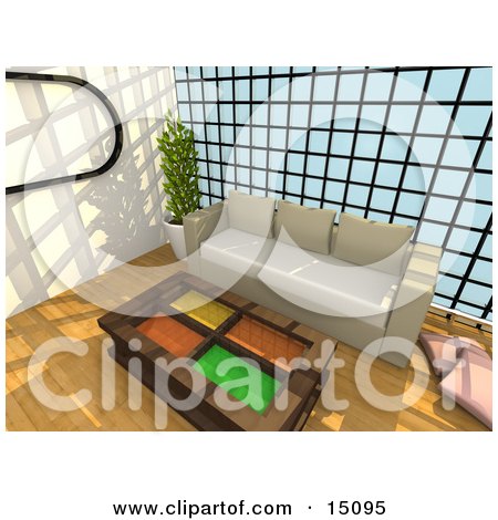 Wooden Table With Colorful Glass Inserts In Front Of A Beige Couch Against A Wall Of Windows In A Modern Living Room Or Office Lobby Clipart Graphic by 3poD