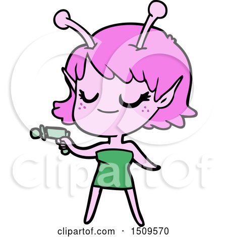 Smiling Alien Girl Cartoon Pointing Ray Gun by lineartestpilot