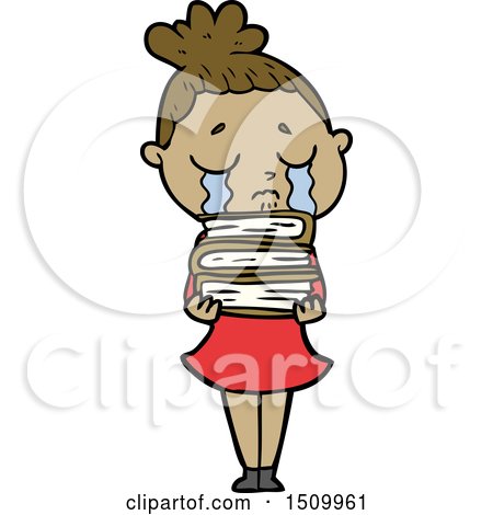 Cartoon Crying Woman with Stack of Books by lineartestpilot