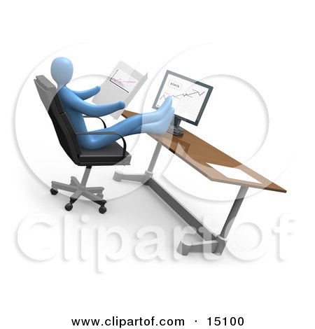 Relaxed Blue Business Person Leaning Back In A Chair In Front Of A Computer In An Office, His Feet Crossed And Up On The Desk While Comparing Graphs Showing An Increase In Sales Clipart Graphic by 3poD