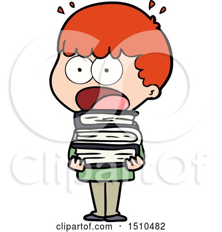 Cartoon Shocked Boy with Stack of Books by lineartestpilot