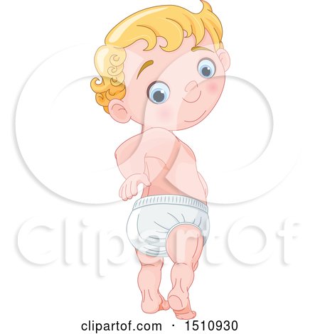 Clipart of a Blue Eyed, Blond Haired Baby Boy Looking Back at His Diaper - Royalty Free Vector Illustration by Pushkin