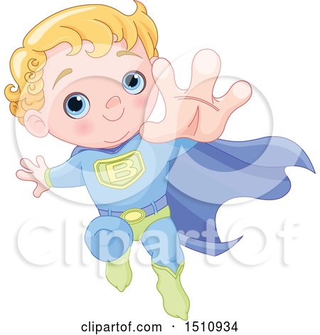 Clipart of a Blue Eyed, Blond Haired Super Baby Boy Flying - Royalty Free Vector Illustration by Pushkin