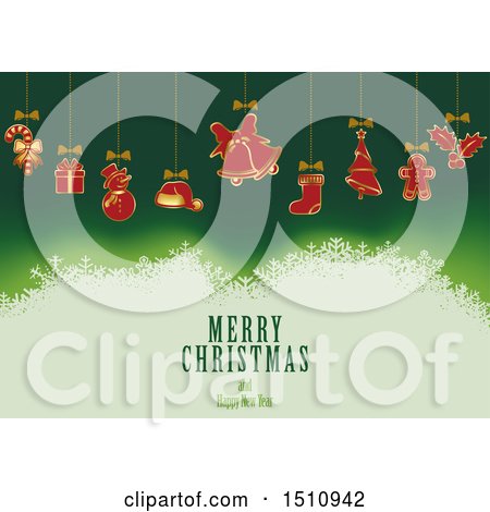 Clipart of a Merry Christmas and Happy New Year Greeting with Suspended Ornaments over Green - Royalty Free Vector Illustration by dero