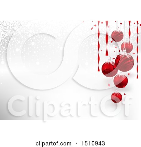 Clipart of a Snowy Background with Suspended 3d Red Christmas Ornaments - Royalty Free Vector Illustration by dero