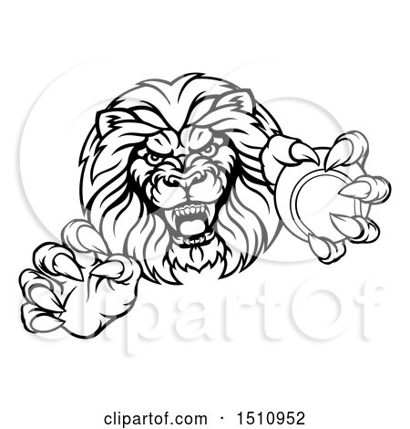 Clipart of a Black and White Tough Clawed Male Lion Monster Mascot Holding a Tennis Ball - Royalty Free Vector Illustration by AtStockIllustration
